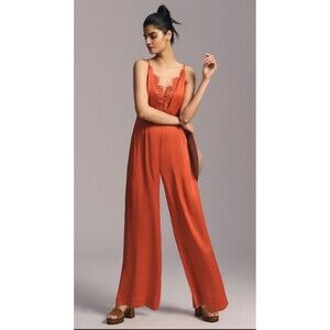 Anthropologie Silky Satin Jumpsuit Women Classic Wide Leg Dark Orange Sz 2 New